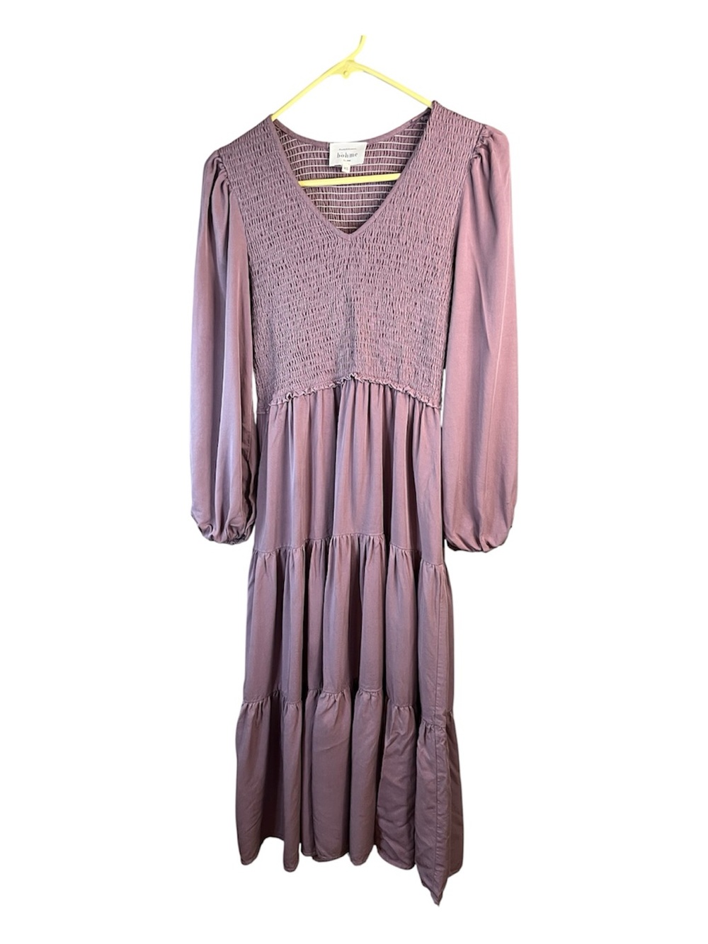 bohme CottagecorevMauve Smocked V-Neck Tiered Midi Dress